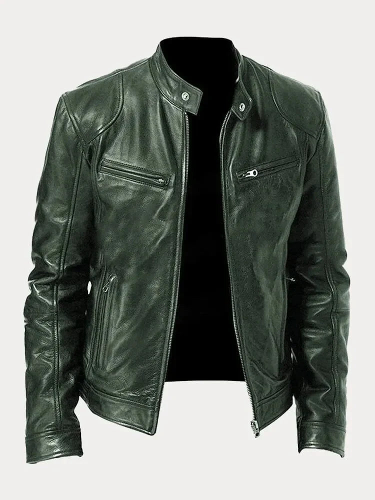 Women's fitted motorcycle jacket with stand collar, long sleeves and zipped pockets