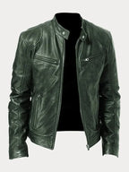 Women's fitted motorcycle jacket with stand collar, long sleeves and zipped pockets