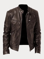 Women's fitted motorcycle jacket with stand collar, long sleeves and zipped pockets