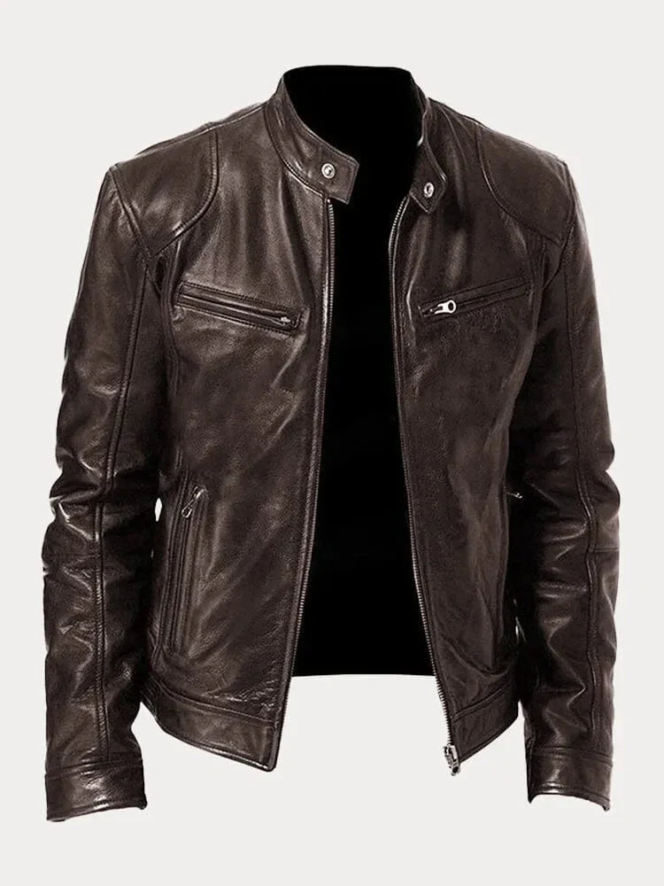 Women's fitted motorcycle jacket with stand collar, long sleeves and zipped pockets