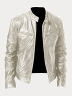 Women's fitted motorcycle jacket with stand collar, long sleeves and zipped pockets