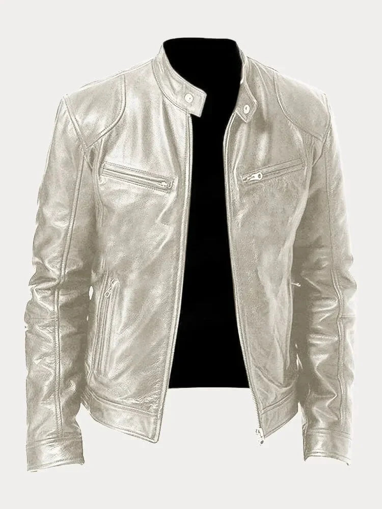 Women's fitted motorcycle jacket with stand collar, long sleeves and zipped pockets