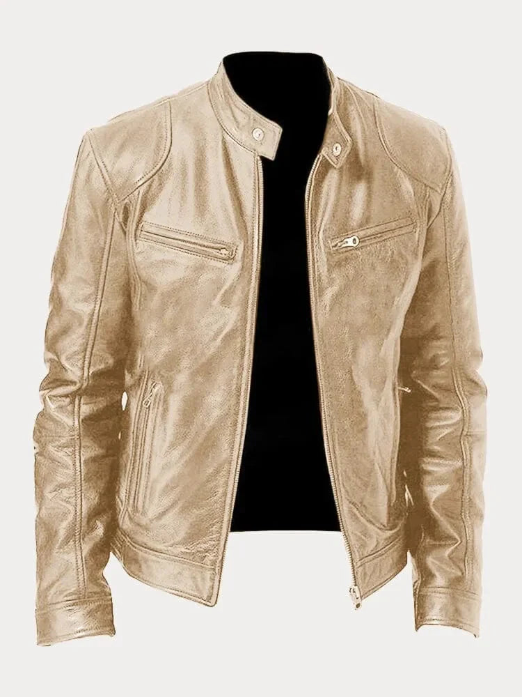 Women's fitted motorcycle jacket with stand collar, long sleeves and zipped pockets