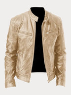 Women's fitted motorcycle jacket with stand collar, long sleeves and zipped pockets