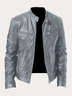 Women's fitted motorcycle jacket with stand collar, long sleeves and zipped pockets