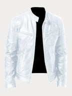 Women's fitted motorcycle jacket with stand collar, long sleeves and zipped pockets
