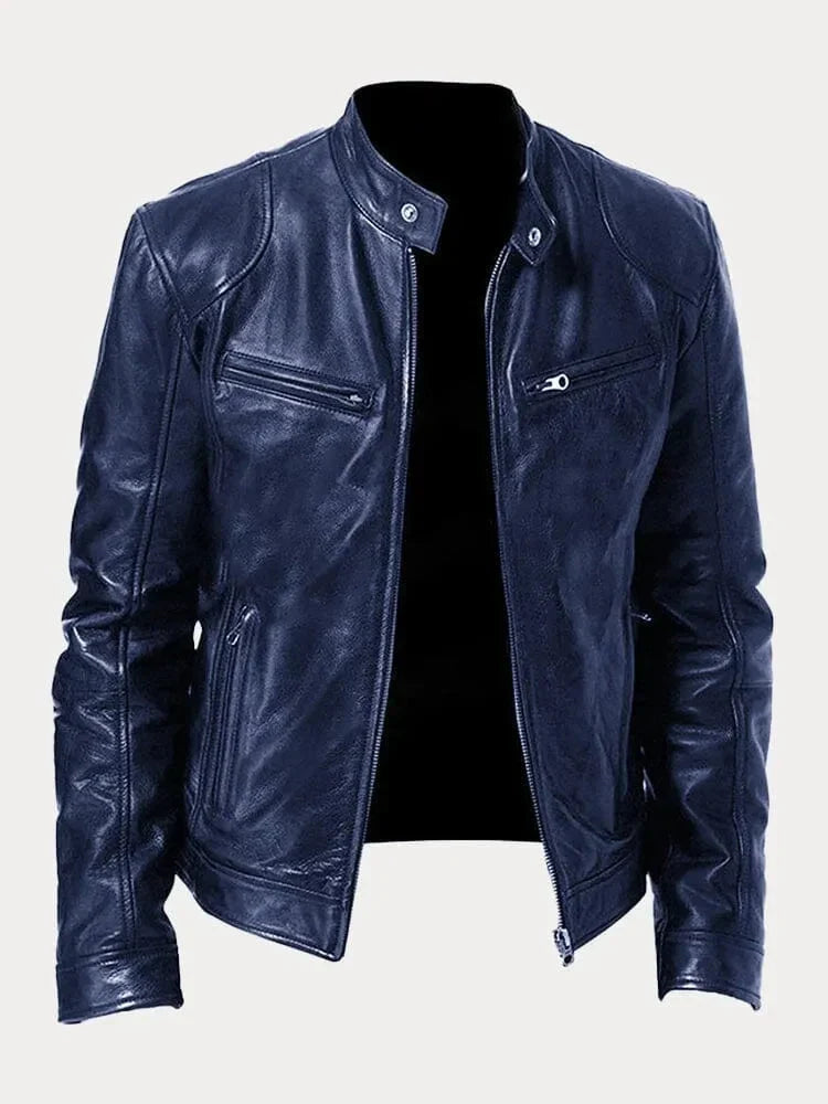 Women's fitted motorcycle jacket with stand collar, long sleeves and zipped pockets