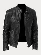 Women's fitted motorcycle jacket with stand collar, long sleeves and zipped pockets