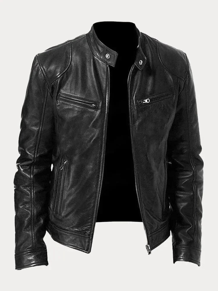 Women's fitted motorcycle jacket with stand collar, long sleeves and zipped pockets