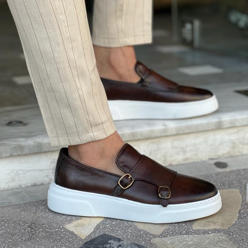 Men's double monk strap slip-on loafers with buckle detailing and flat white soles