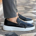 Men's double monk strap slip-on loafers with buckle detailing and flat white soles