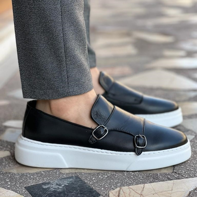 Men's double monk strap slip-on loafers with buckle detailing and flat white soles