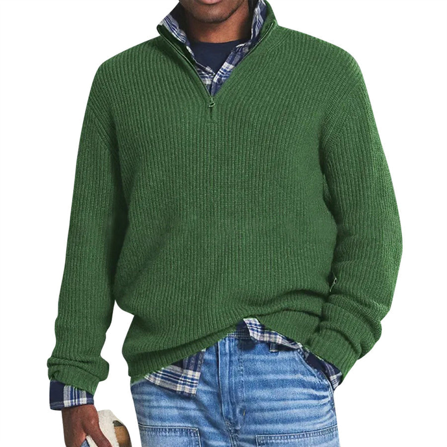 Men's ribbed quarter-zip sweater with mock neck and long sleeves