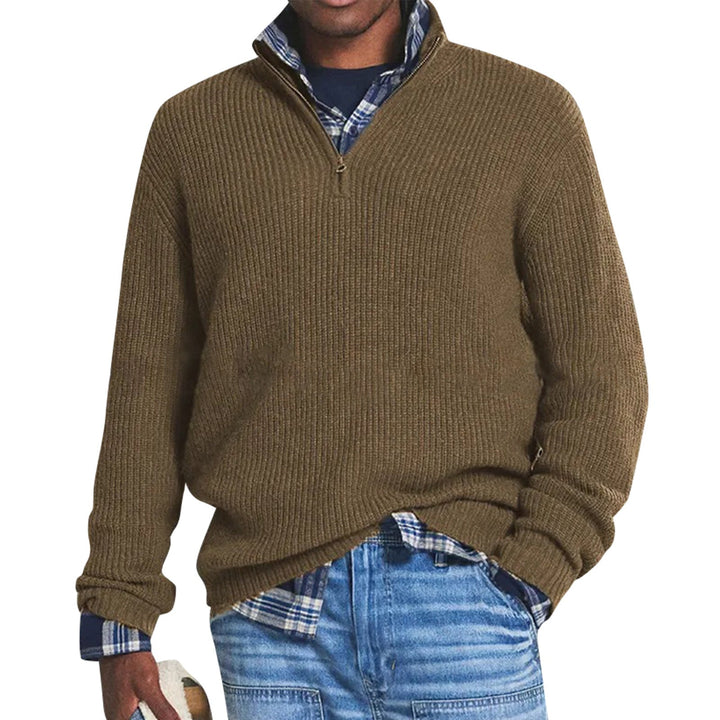Men's ribbed quarter-zip sweater with mock neck and long sleeves