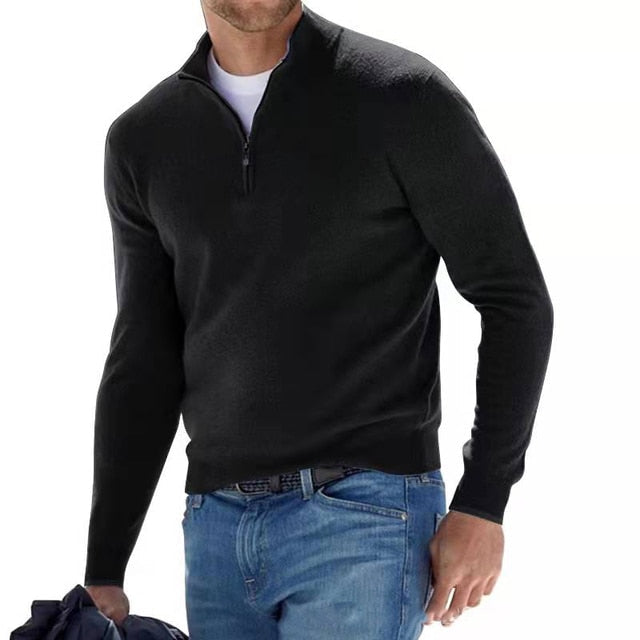 Men's quarter-zip sweater with raised collar and long sleeves
