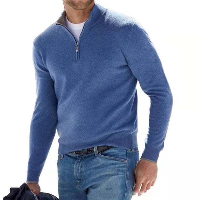 Men's quarter-zip sweater with raised collar and long sleeves