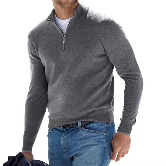 Men's quarter-zip sweater with raised collar and long sleeves