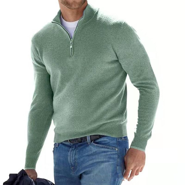 Men's quarter-zip sweater with raised collar and long sleeves