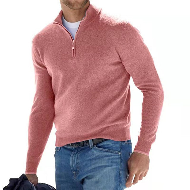 Men's quarter-zip sweater with raised collar and long sleeves