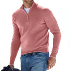 Men's quarter-zip sweater with raised collar and long sleeves