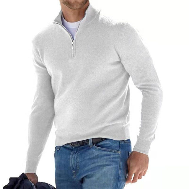 Men's quarter-zip sweater with raised collar and long sleeves
