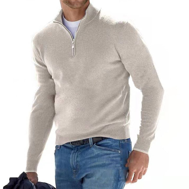 Men's quarter-zip sweater with raised collar and long sleeves