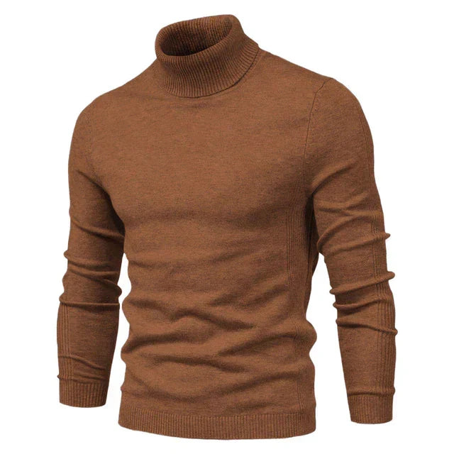 Men's long-sleeve turtleneck sweater with ribbed collar, cuffs and hem