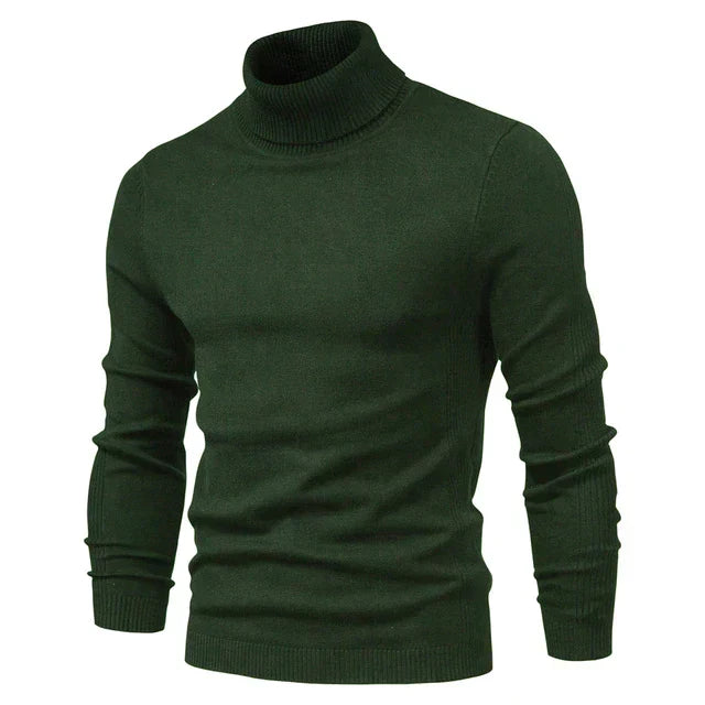 Men's long-sleeve turtleneck sweater with ribbed collar, cuffs and hem