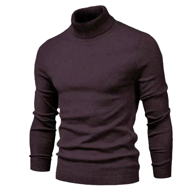 Men's long-sleeve turtleneck sweater with ribbed collar, cuffs and hem