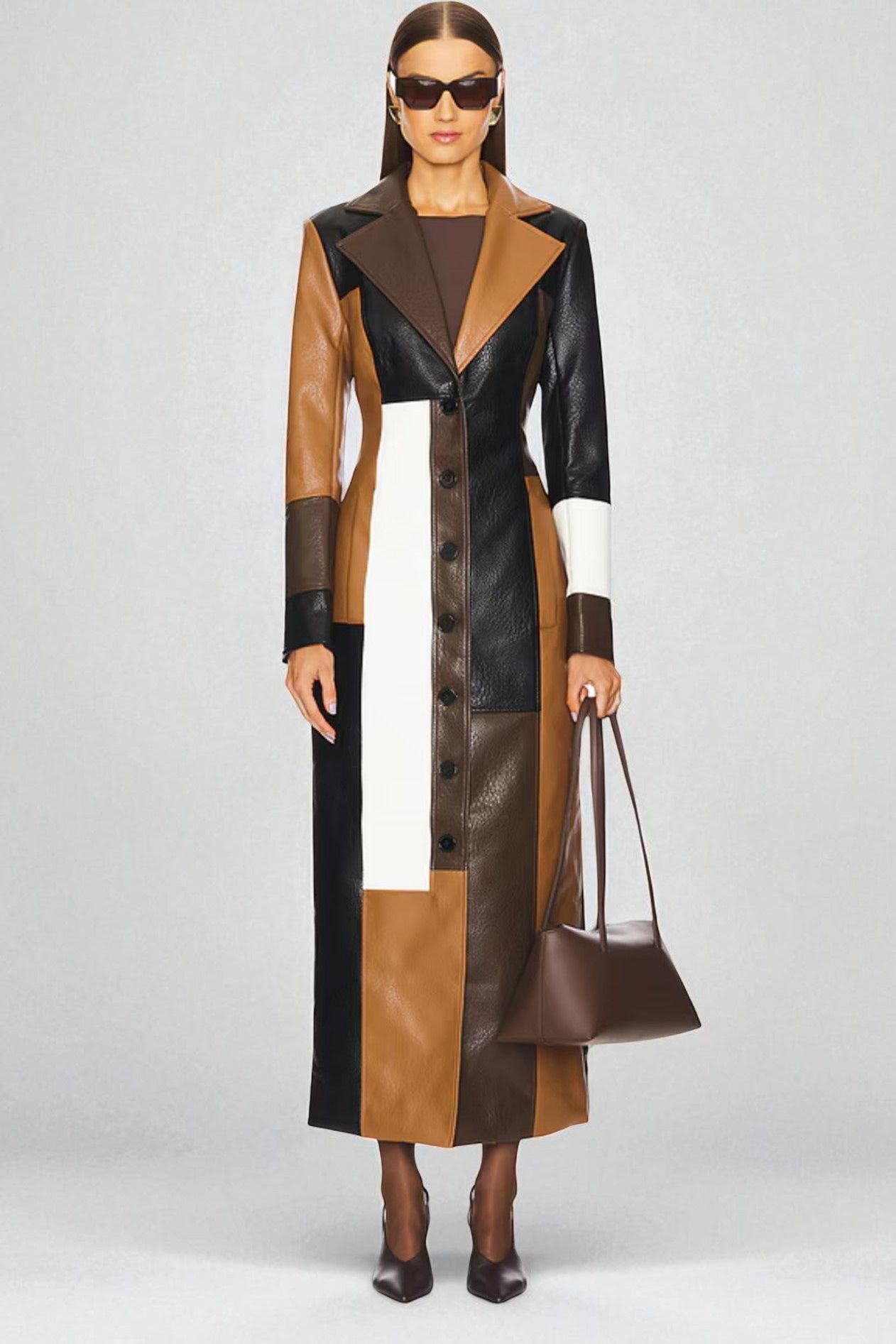 Women's multicolour geometric panelled midi trench coat with notched collar