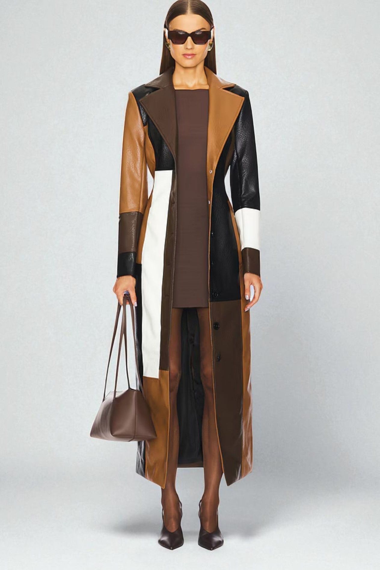 Women's multicolour geometric panelled midi trench coat with notched collar