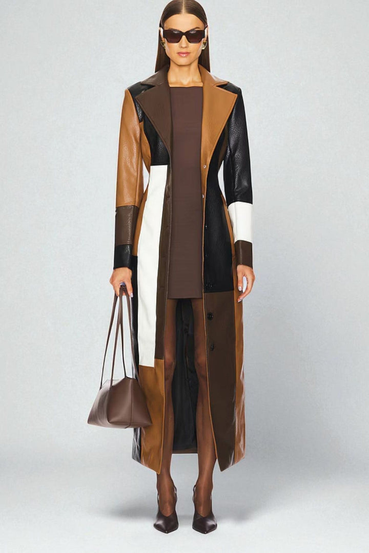 Women's multicolour geometric panelled midi trench coat with notched collar