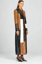 Women's multicolour geometric panelled midi trench coat with notched collar