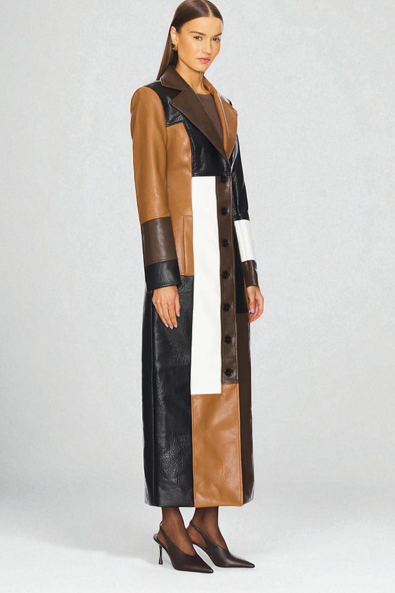Women's multicolour geometric panelled midi trench coat with notched collar