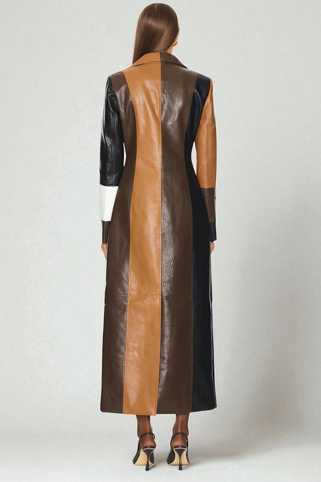 Women's multicolour geometric panelled midi trench coat with notched collar