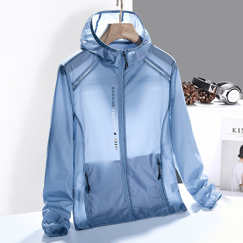 Hooded long-sleeve windbreaker jacket with front zip and two zipped pockets