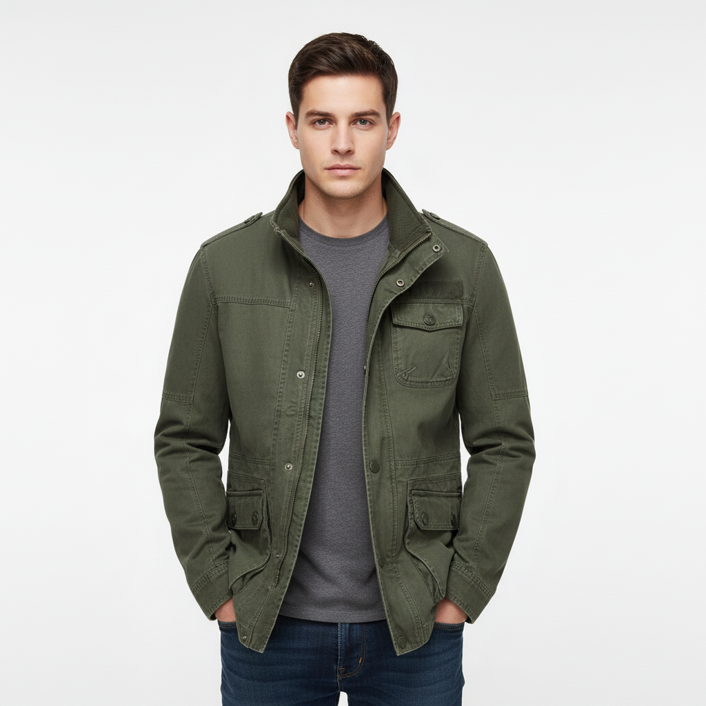 Men's utility denim jacket with high collar and multiple flap pockets