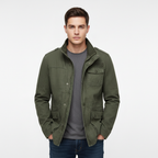 Men's utility denim jacket with high collar and multiple flap pockets