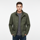 Men's utility denim jacket with high collar and multiple flap pockets