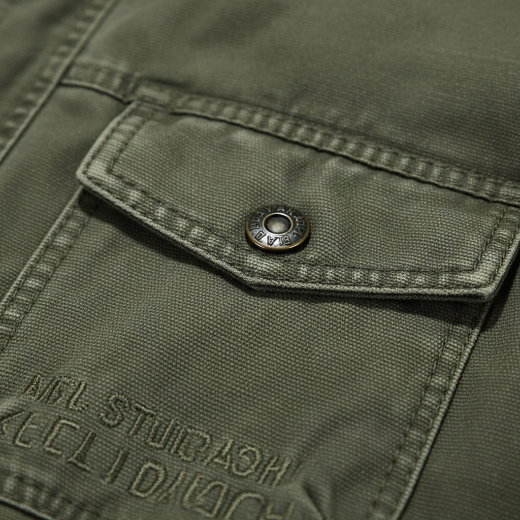 Men's utility denim jacket with high collar and multiple flap pockets