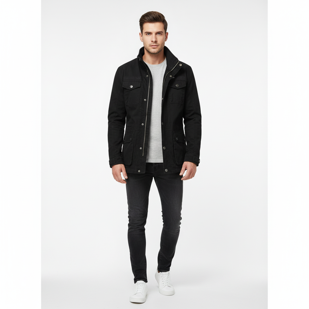 Men's utility denim jacket with high collar and multiple flap pockets