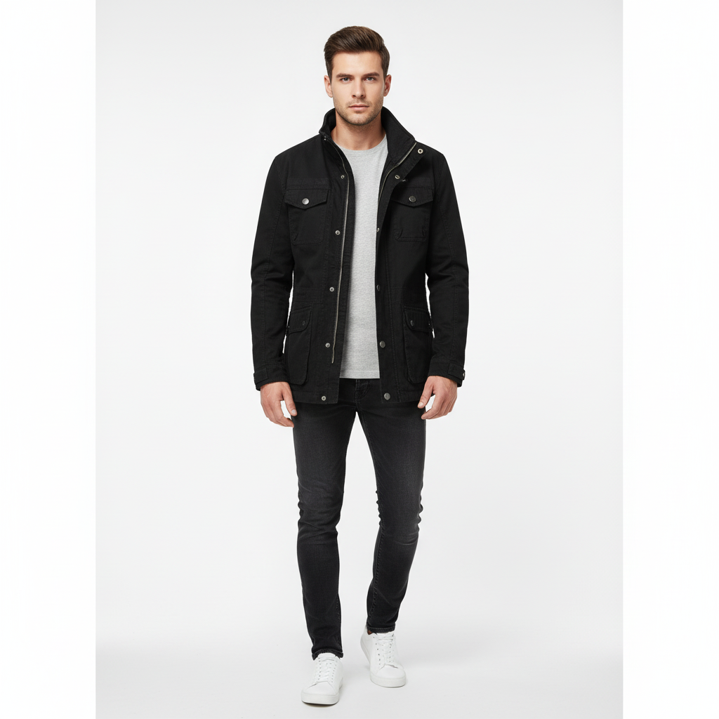 Men's utility denim jacket with high collar and multiple flap pockets
