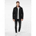 Men's utility denim jacket with high collar and multiple flap pockets