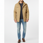 Men's utility denim jacket with high collar and multiple flap pockets