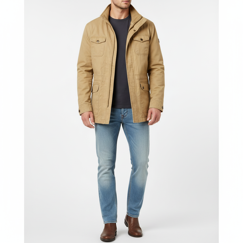 Men's utility denim jacket with high collar and multiple flap pockets