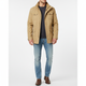 Men's utility denim jacket with high collar and multiple flap pockets