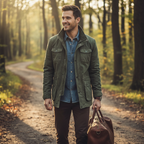 Men's utility denim jacket with high collar and multiple flap pockets