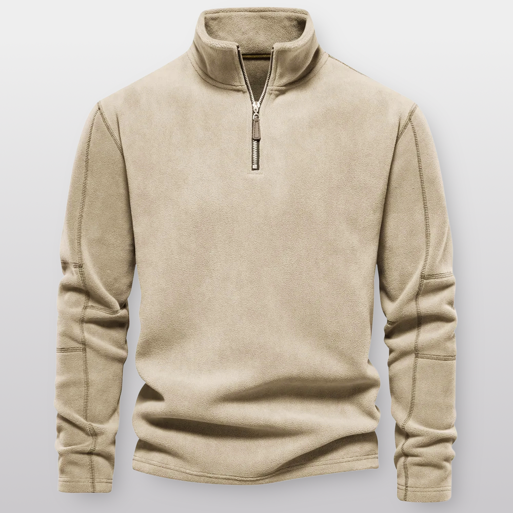 Men's quarter-zip fleece pullover with stand collar and long sleeves