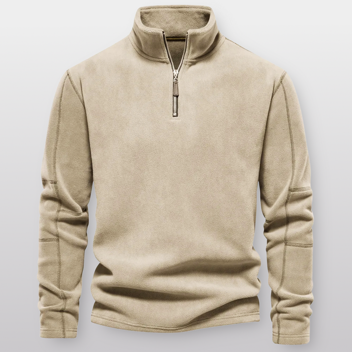 Men's quarter-zip fleece pullover with stand collar and long sleeves