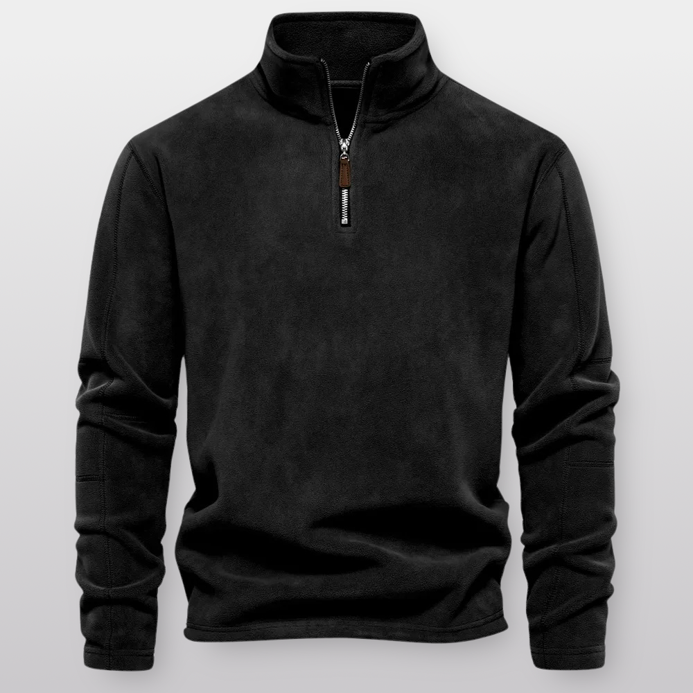 Men's quarter-zip fleece pullover with stand collar and long sleeves